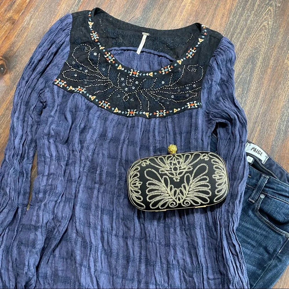 SOLD Free People beaded embroidered long sleeve tunic top blouse S tribal - Picture 1 of 13